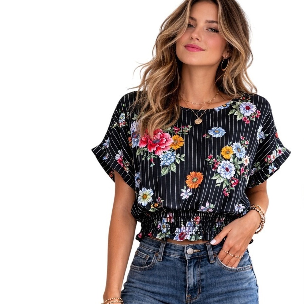 Floral Smocked Waist Top Womens Medium Black‎ Pinstripe Dolman Sleeve